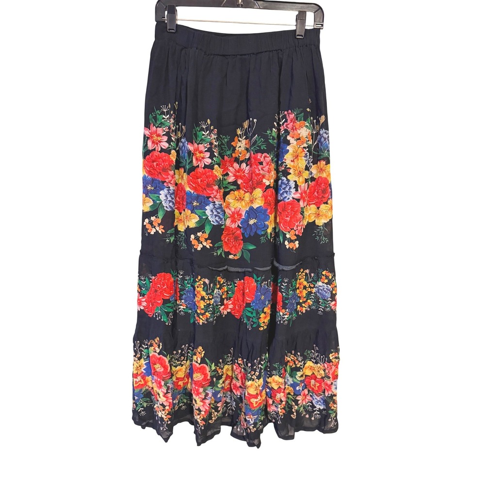 Natural Life Black Floral Irina Tiered Maxi Skirt Small Boho Elastic Flowy gypsy